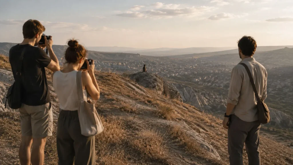 Travelers photographing a hillside in Göreme while an unnoticed figure remains in view