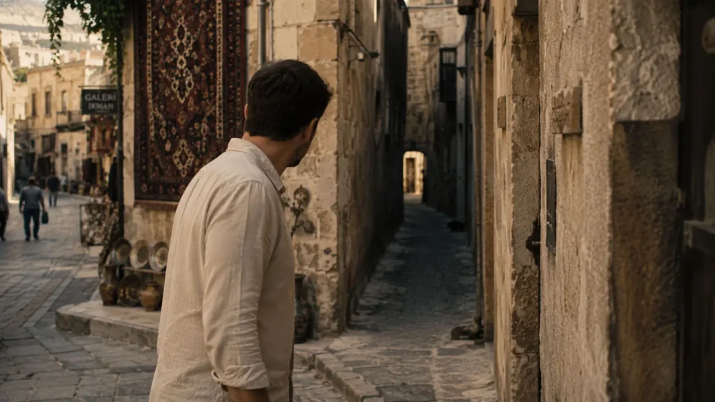 Barış looking toward a narrow alley in Göreme, Cappadocia
