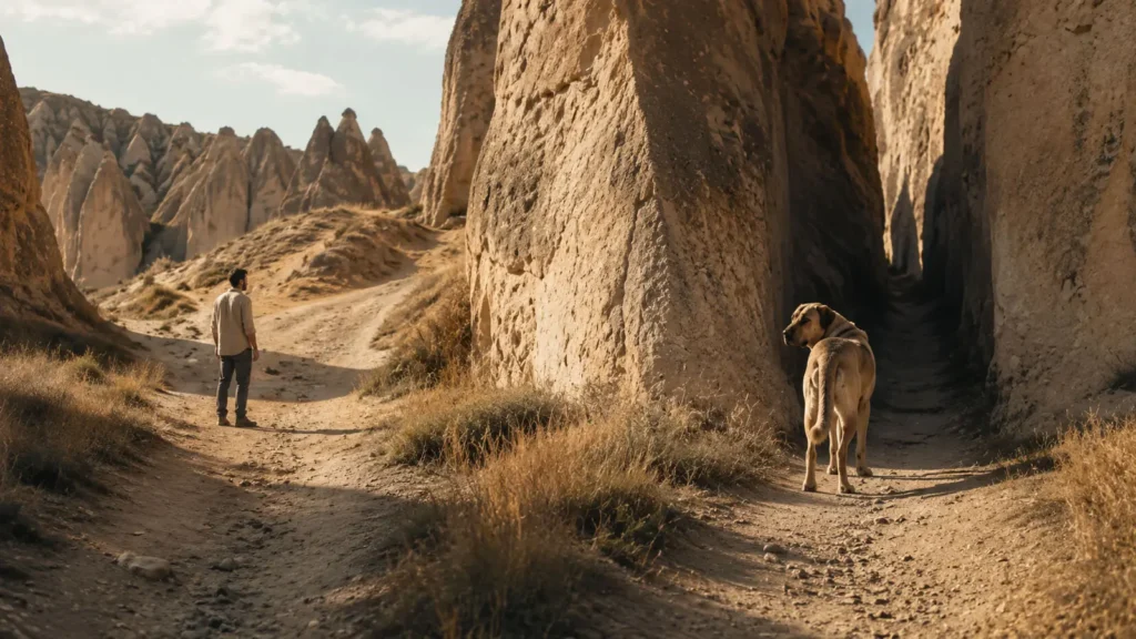 Traveler and dog standing at a narrow crossroads in Cappadocia