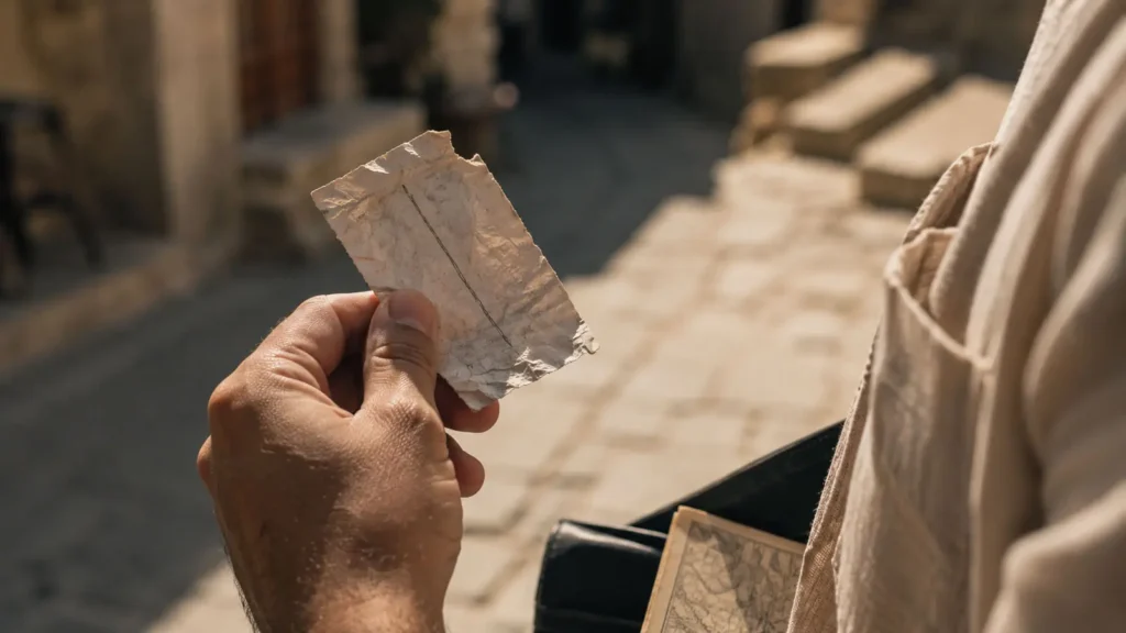 A worn paper marked with a single line in a quiet Cappadocia street