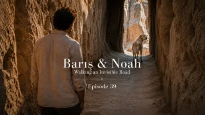 Barış follows Noah through a narrow stone passage in Cappadocia