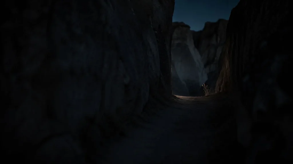 A narrow hidden path between rock walls in Cappadocia at dusk
