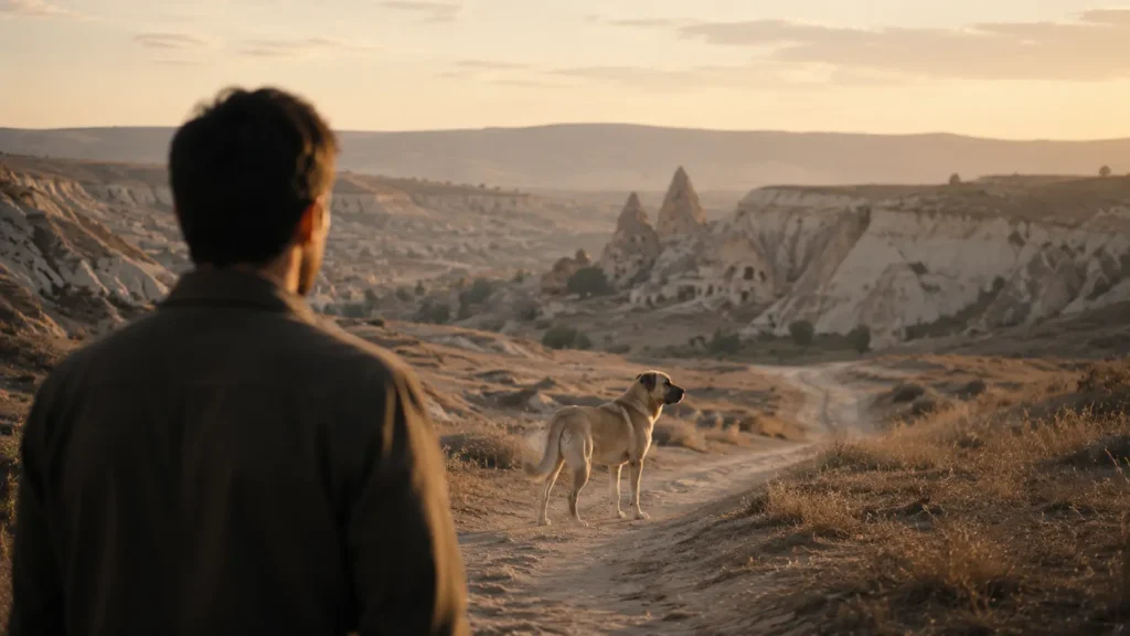 Noah looking back toward Barış on a quiet path in Cappadocia