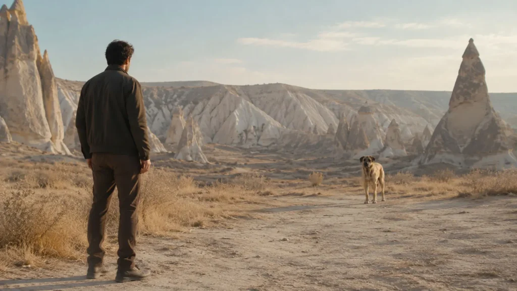 Barış facing the mysterious dog in Love Valley, Cappadocia
