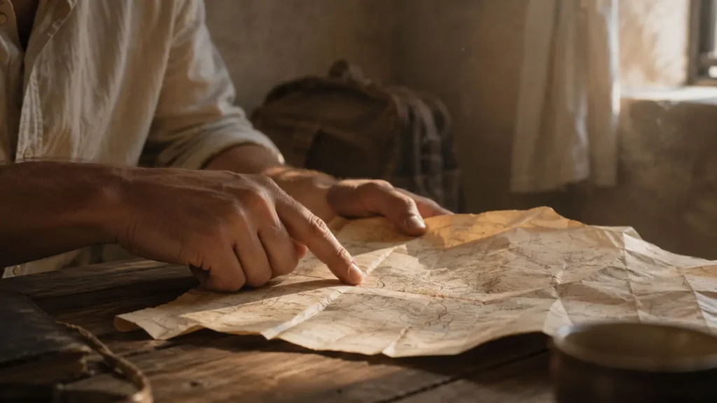 Barış tracing a faded mark on an old map in a quiet room
Title: