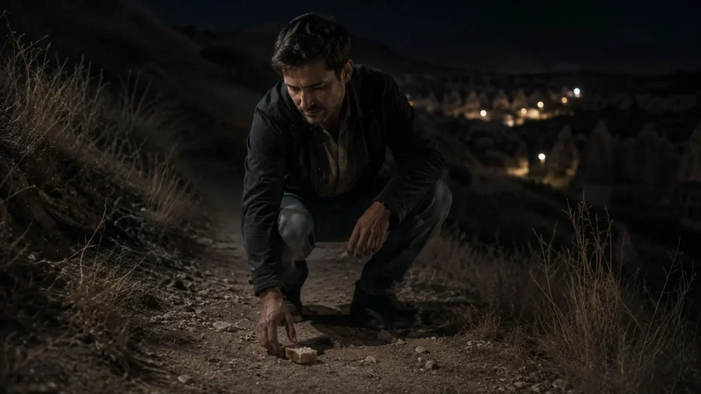 Barış examining a small stone on a quiet path in Göreme at night