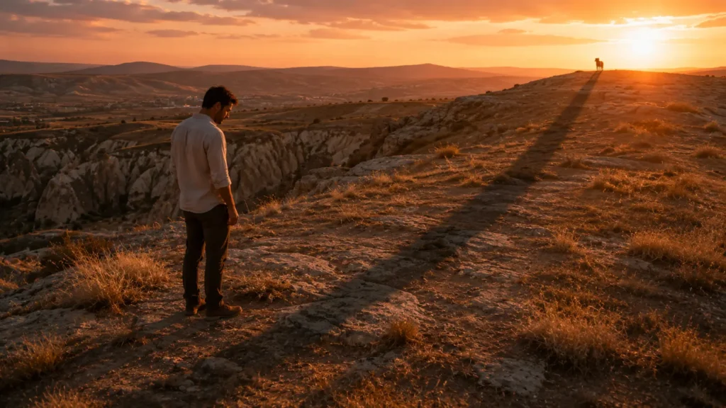 A man watching a distant dog at sunset in Cappadocia