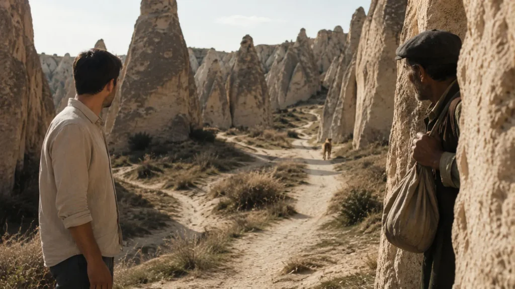 A traveler and an old man watch a distant dog in a Cappadocia valley