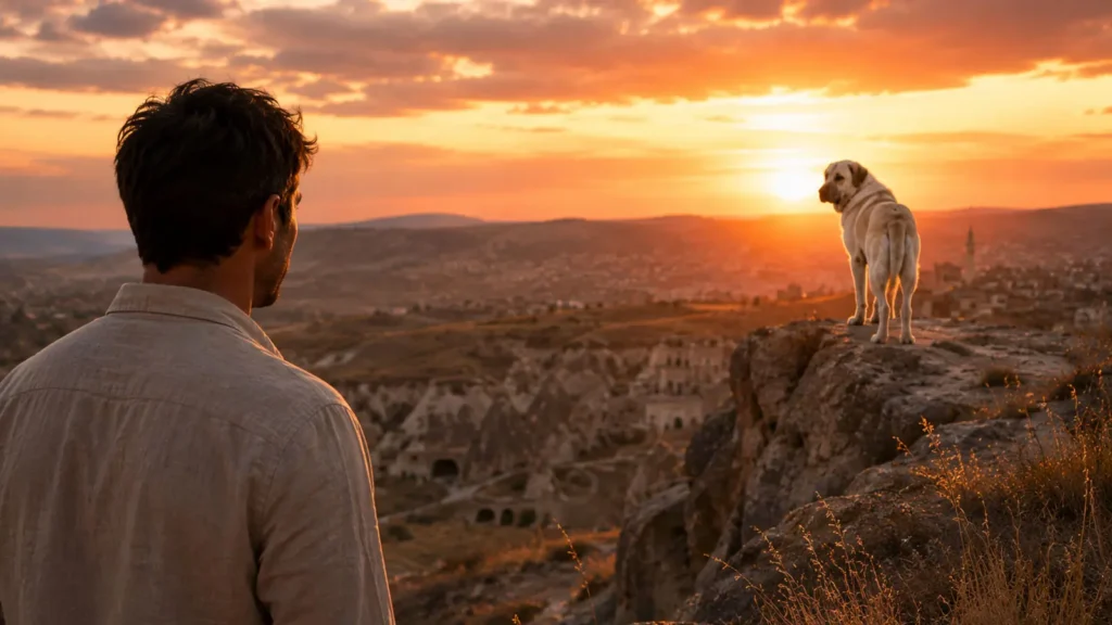 A man and a white dog facing each other at sunset in Cappadocia