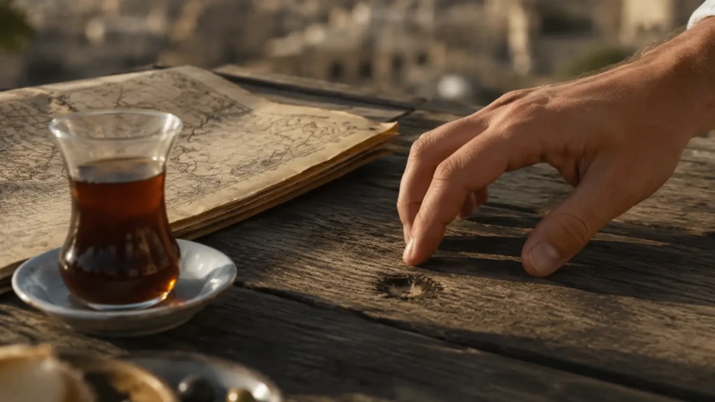 A hand pausing above a small mark on a wooden table in Cappadocia