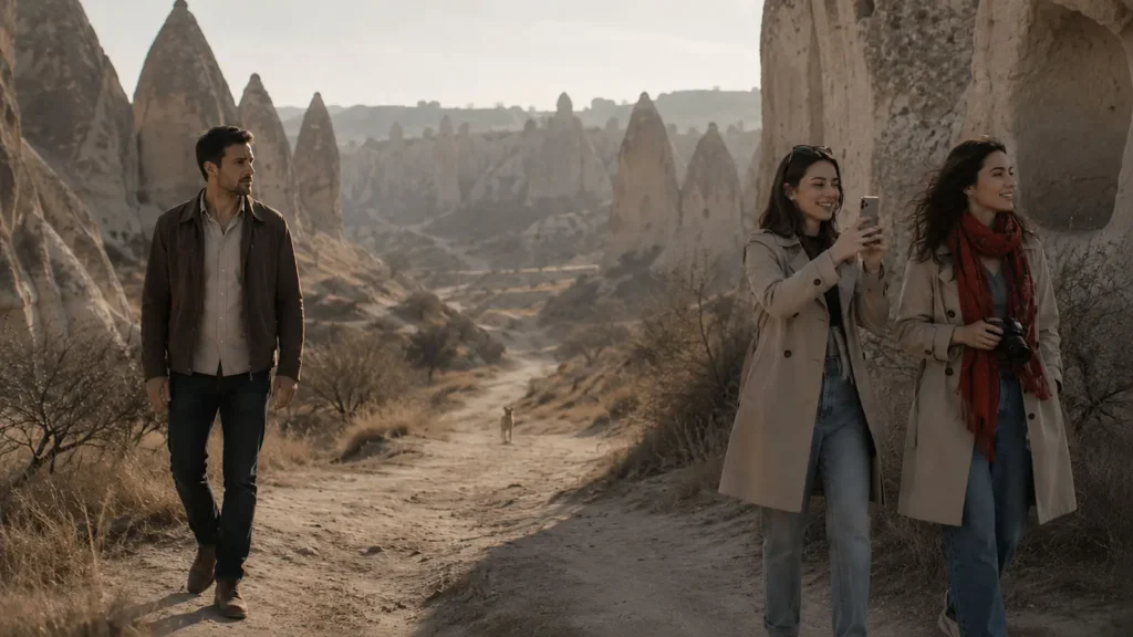 A traveler notices a distant dog while tourists pass through Cappadocia