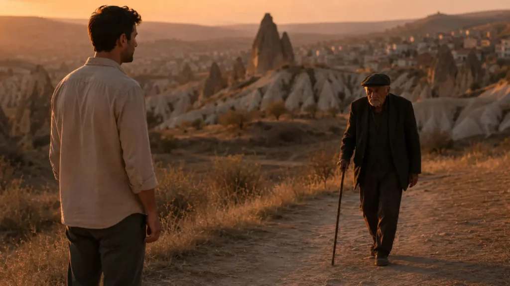 An elderly man approaches Barış on a quiet path in Cappadocia.