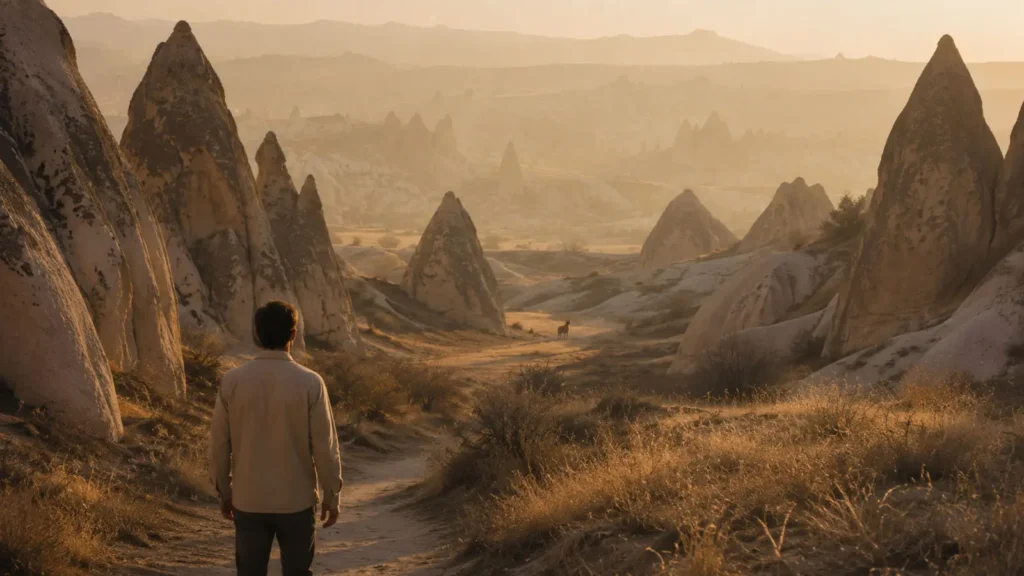 A traveler standing in a quiet Cappadocia valley at sunset