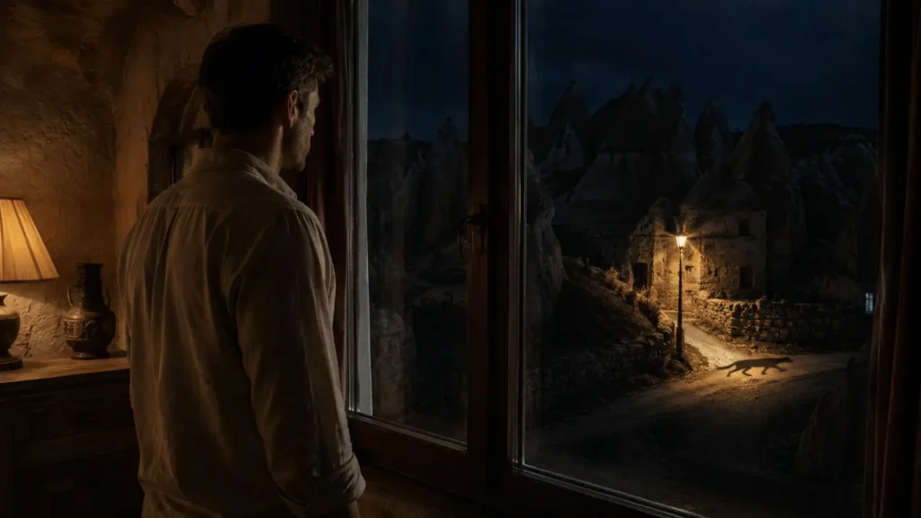 Barış looking out from a cave room in Cappadocia at night