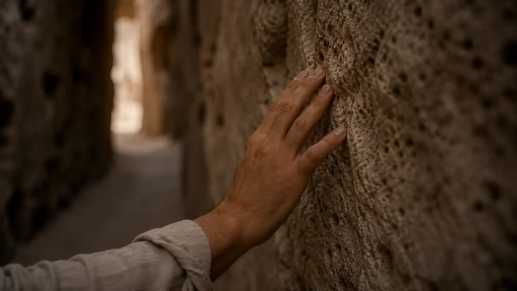 A traveler touching an ancient stone wall in a narrow Cappadocia pas