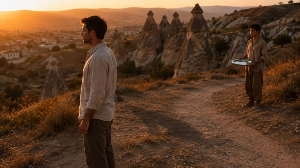 A traveler and a young local on a Cappadocia hillside at sunset