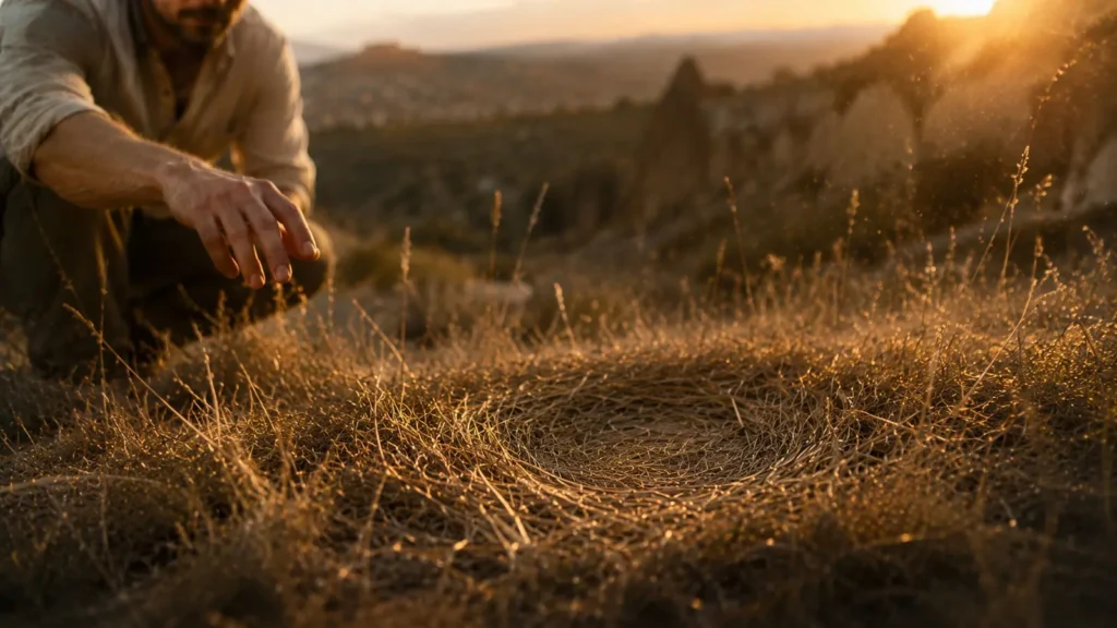 Flattened grass in Cappadocia at sunset