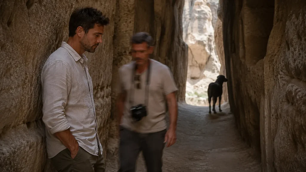 A traveler pauses in a narrow stone passage while a distant dog stands ahead in Cappadocia