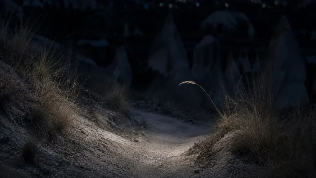 A quiet path through the rocks of Cappadocia at night