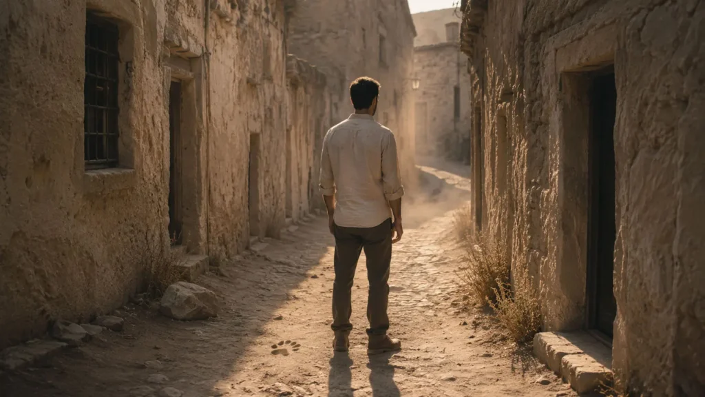 Barış standing in a quiet Göreme alley near faint paw prints