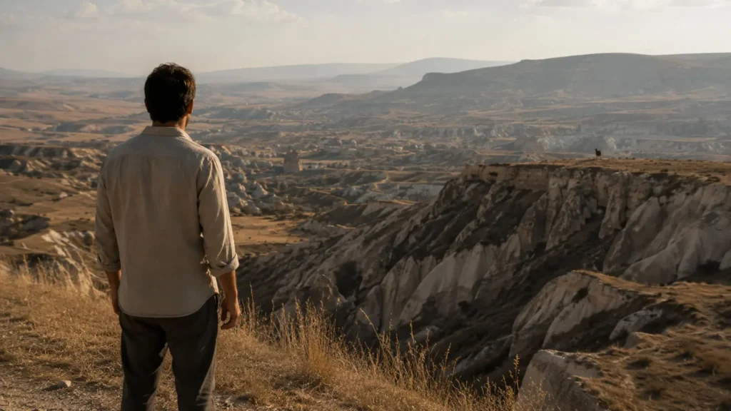 Traveler overlooking a valley in Göreme with a distant dog-like figure