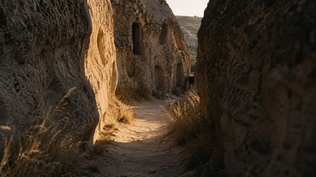 Narrow stone pathway between ancient cave walls in Göreme at sunrise