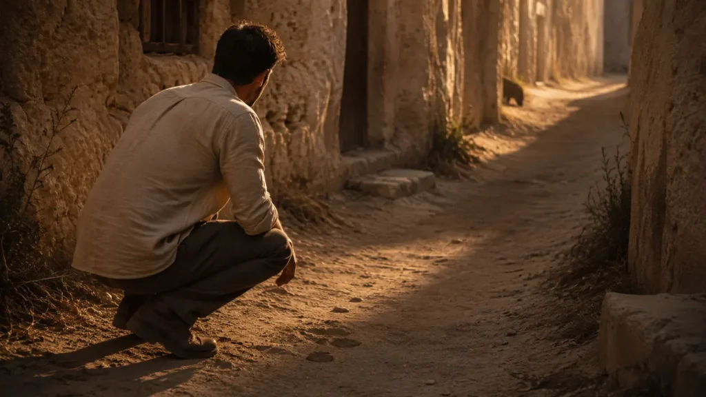 Barış examining faint tracks in a quiet Göreme alley