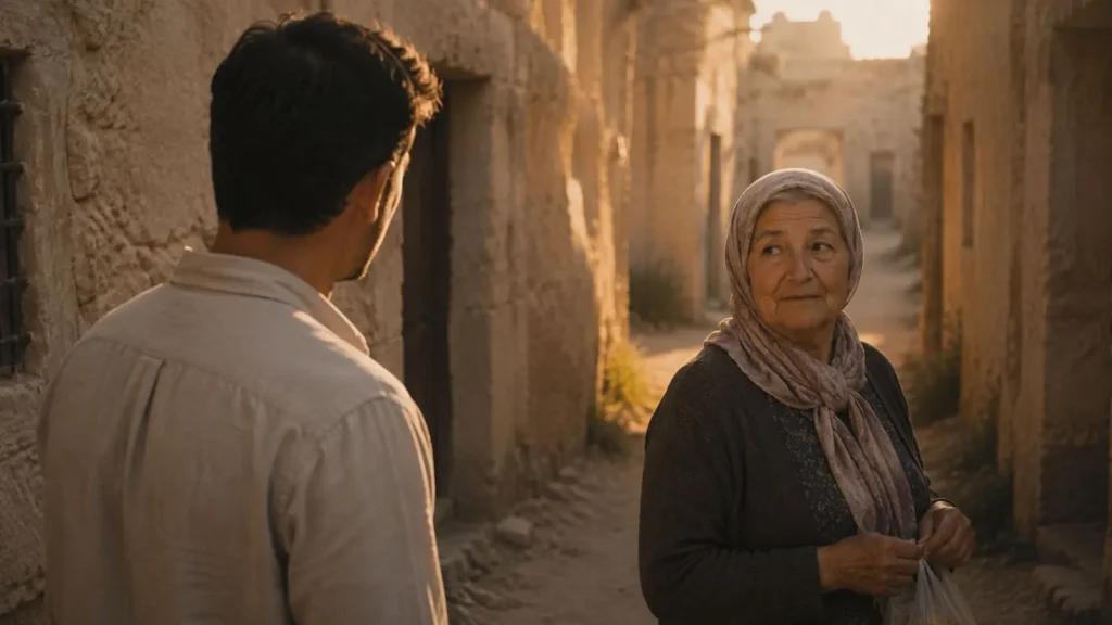 An elderly woman speaking with Barış in a quiet Göreme alley