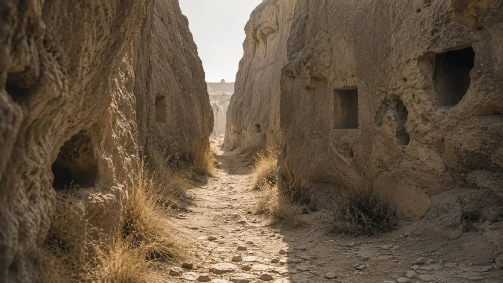 Narrow rocky path between carved stone walls in Göreme, Cappadocia