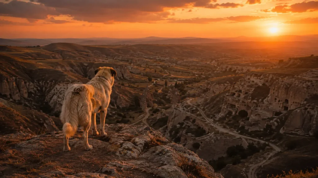 A white dog looking over a Cappadocia valley at sunset