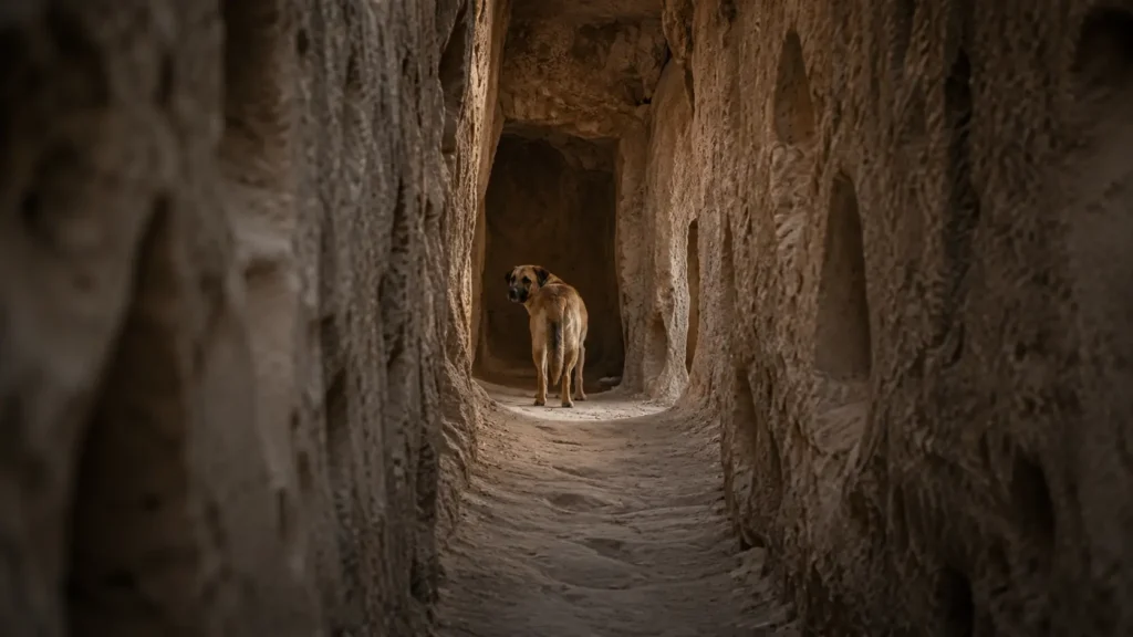 A lone dog standing in an underground stone passage in Cappadocia