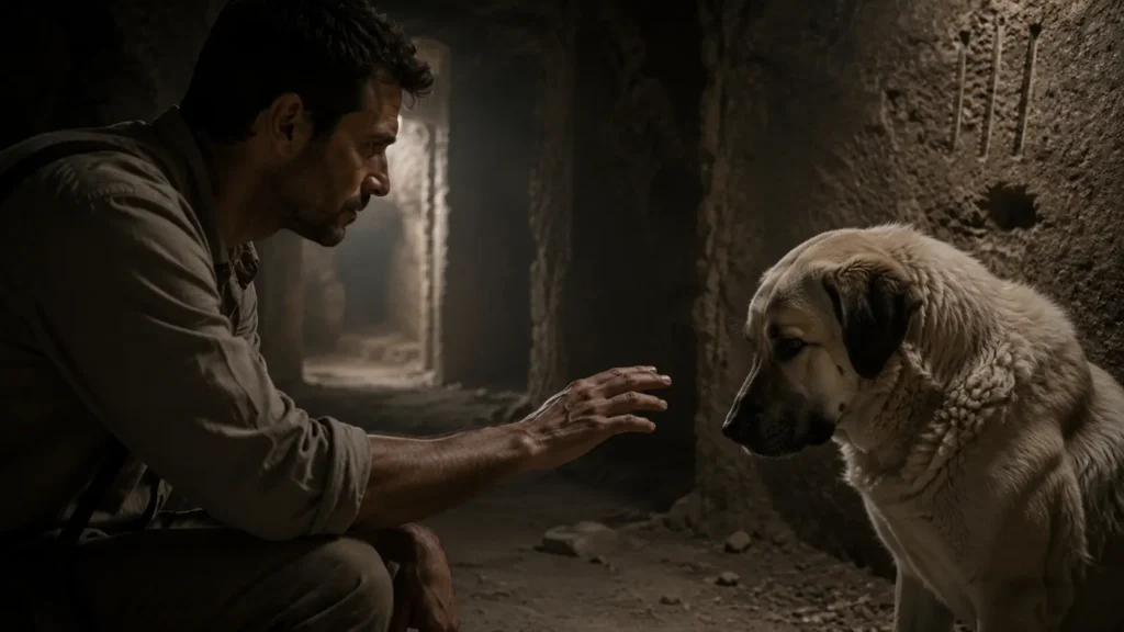 Barış quietly reaches toward Noah as the dog gently lowers its head inside Derinkuyu Underground City.