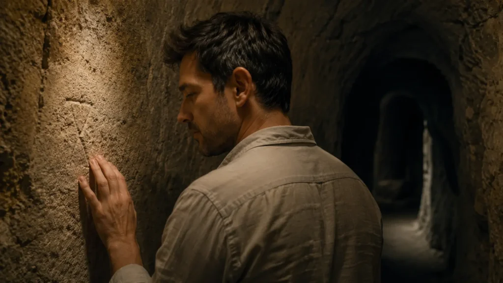 Barış quietly touches an ancient carved symbol on the stone wall inside Derinkuyu underground city.