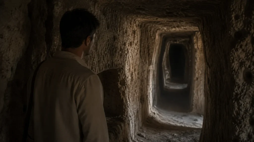 Barış stands inside Derinkuyu Underground City, staring into a dark ancient passage that disappears into the depths.