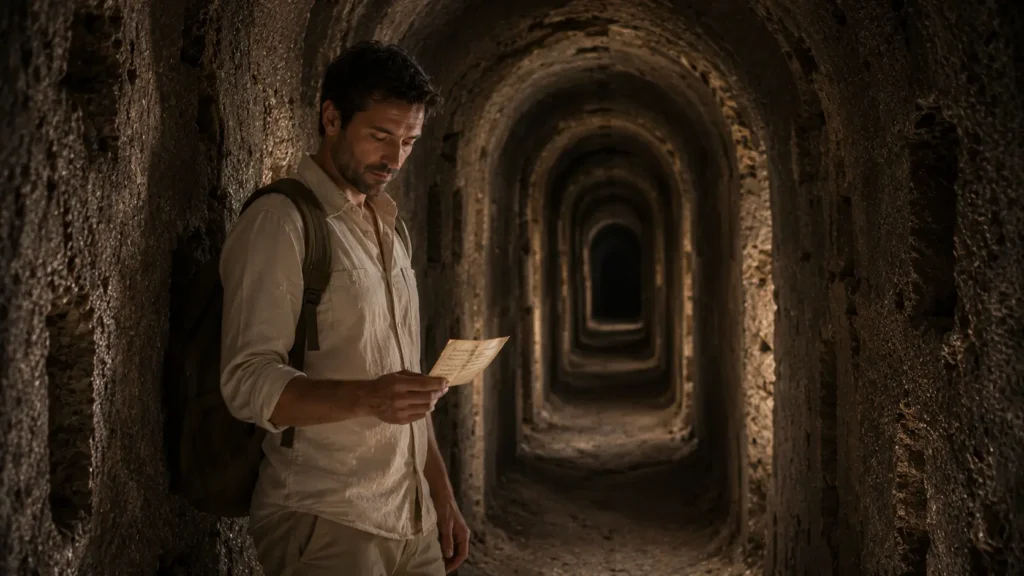 Barış reads his father's letter inside Derinkuyu Underground City before continuing deeper into the ancient passage.