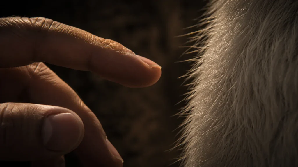 Barış's fingertips hovering just before Noah's fur in Derinkuyu