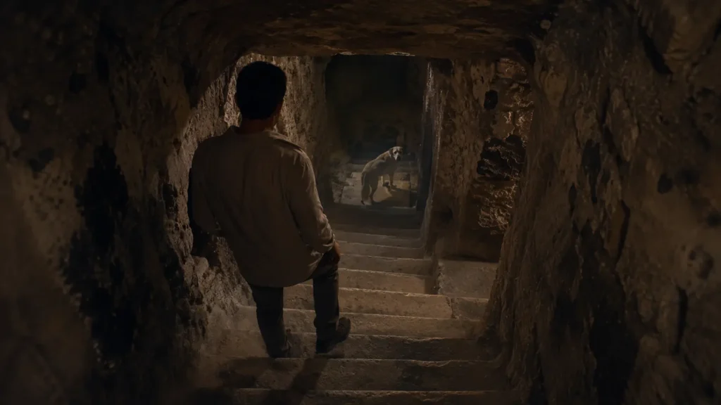 Barış faces a quiet Kangal dog inside Derinkuyu underground city in Cappadocia.