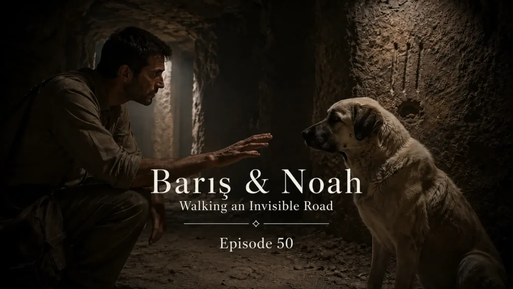 Barış reaches toward Noah inside the ancient chamber of Derinkuyu Underground City.