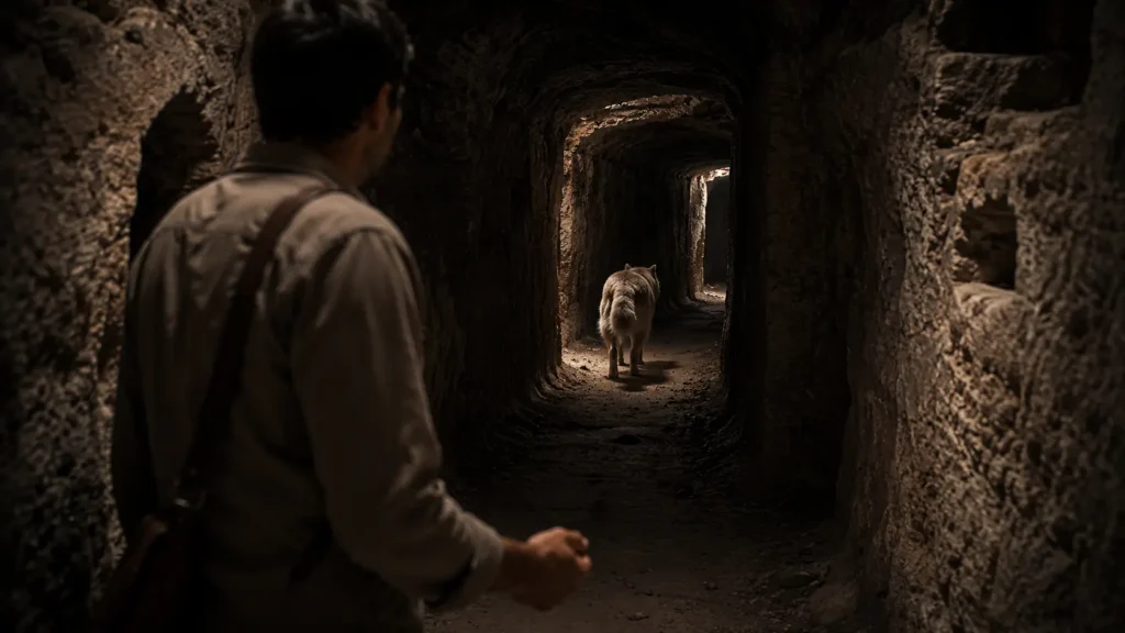 Barış watches Noah walk deeper into Derinkuyu Underground City without looking back.