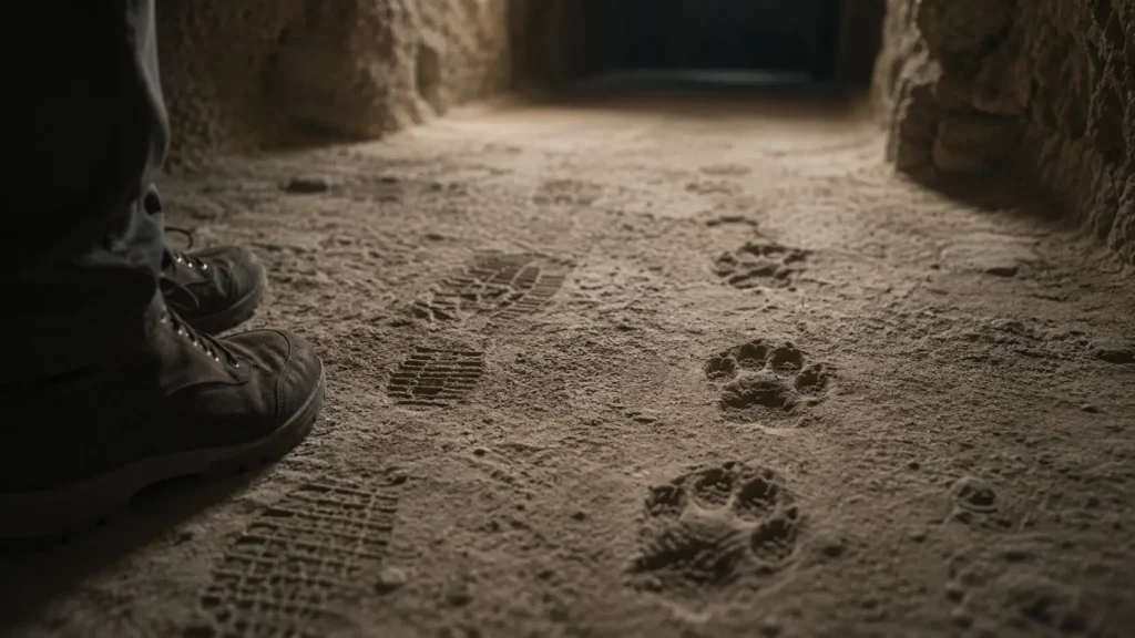 Human and Kangal dog footprints on the dusty floor of Derinkuyu underground city.
