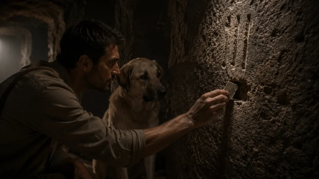 Barış holds an ancient fragment near a carved stone wall inside Derinkuyu Underground City as Noah quietly watches.