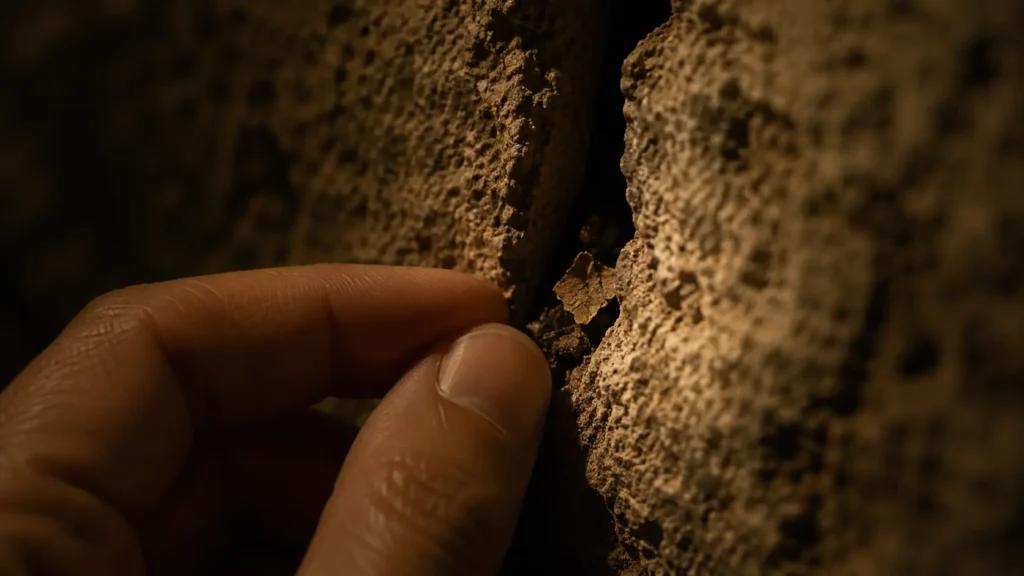 A hand reaches toward a small hidden fragment inside an ancient limestone wall in Derinkuyu underground city.