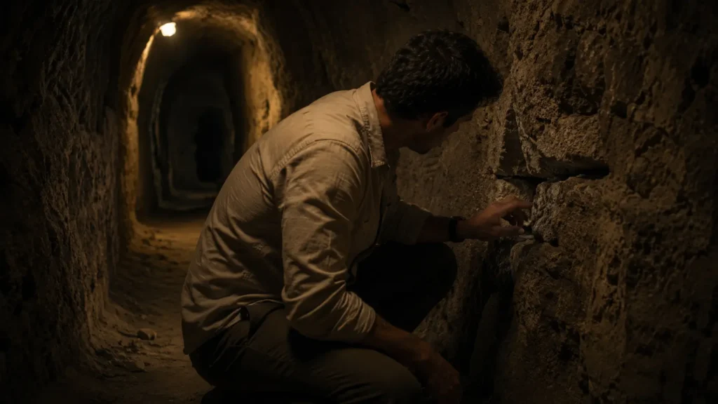 Barış examines a hidden fragment inside an ancient limestone wall in Derinkuyu underground city.