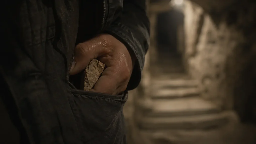 Barış grips an ancient stone fragment inside his pocket in Derinkuyu underground city.