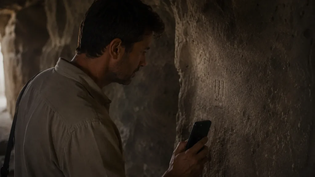 Barış discovers mysterious carved marks on an ancient stone wall inside Derinkuyu Underground City.
