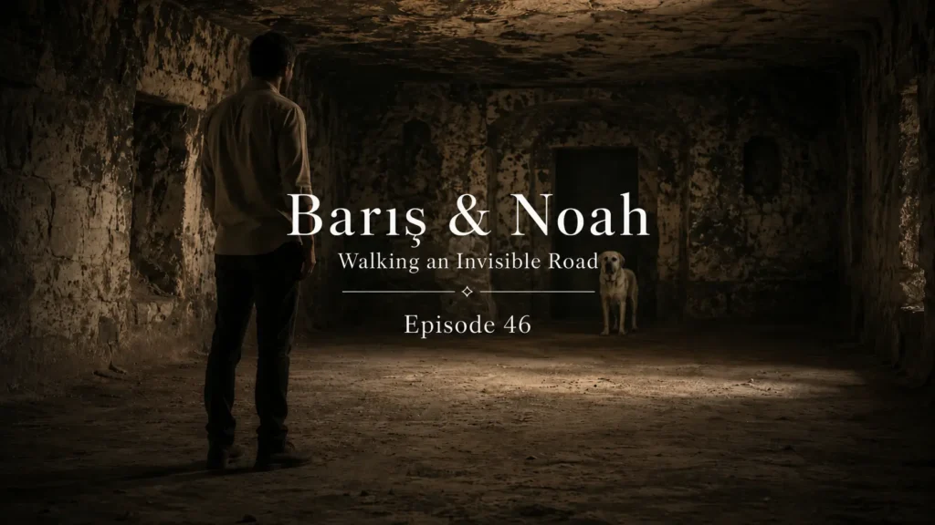 Barış stands in silence as Noah waits at a dark doorway inside Derinkuyu Underground City in Cappadocia.