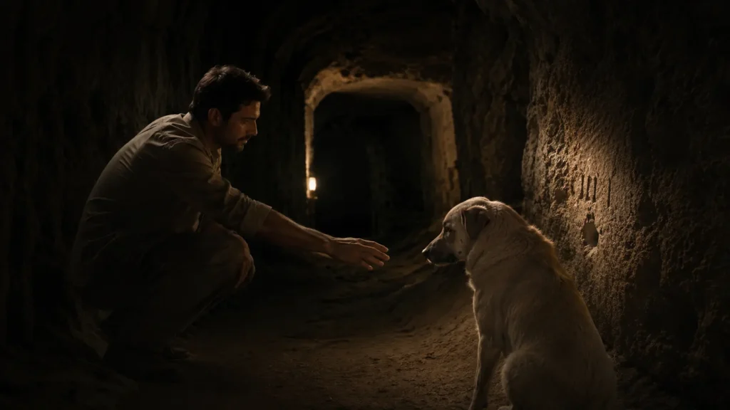 Barış reaching toward Noah inside Derinkuyu Underground City