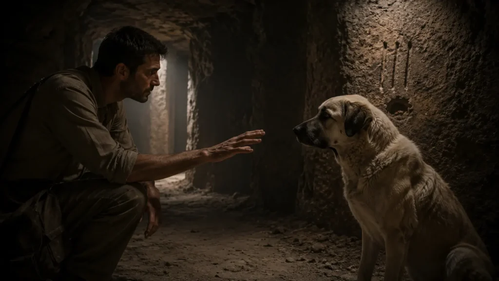 Barış reaches toward Noah inside Derinkuyu Underground City in Cappadocia.