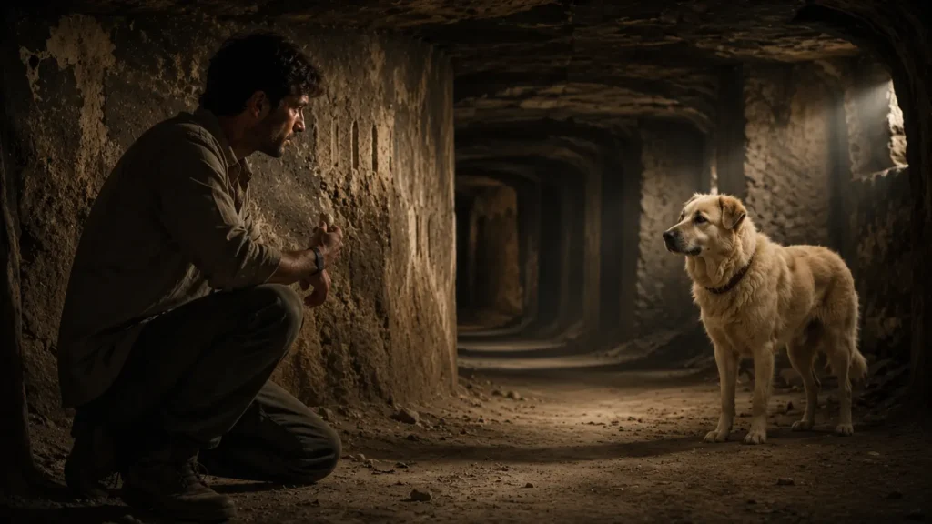 Barış quietly faces Noah inside Derinkuyu Underground City while holding a small stone fragment.