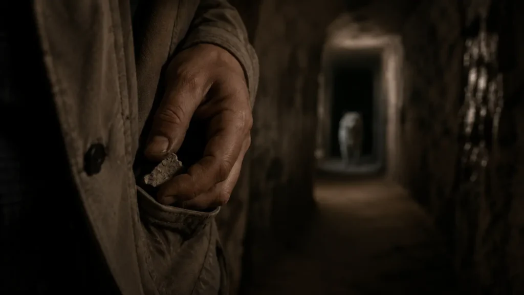 Barış holds a small stone while Noah waits quietly in the distance inside Derinkuyu Underground City.